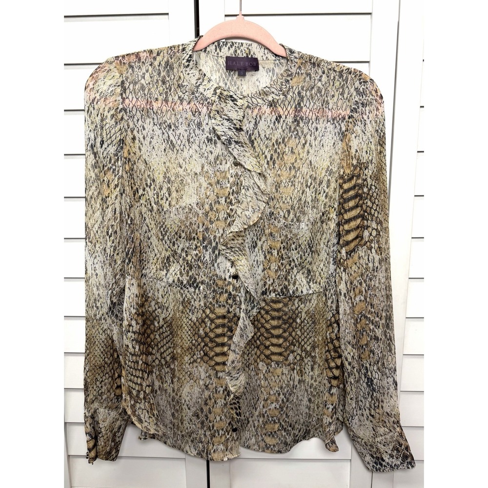 Hale Bob Snakeskin 100% Silk Ruffle Top Artsy Boho Whimsigoth Women's Size Small
